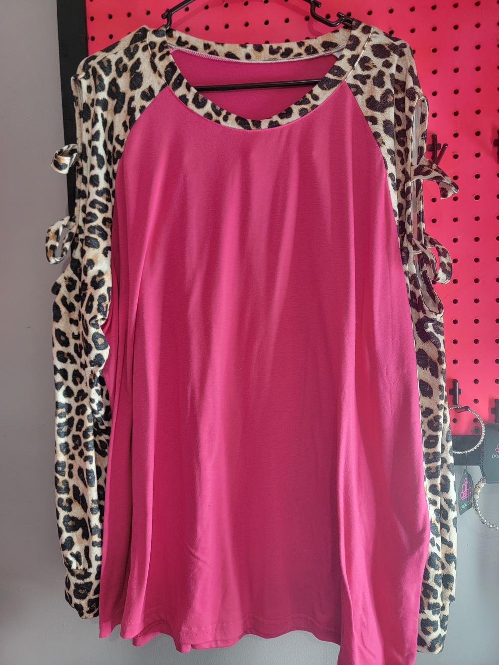 Leopard Trim Fuchsia Cold-Shoulder Top